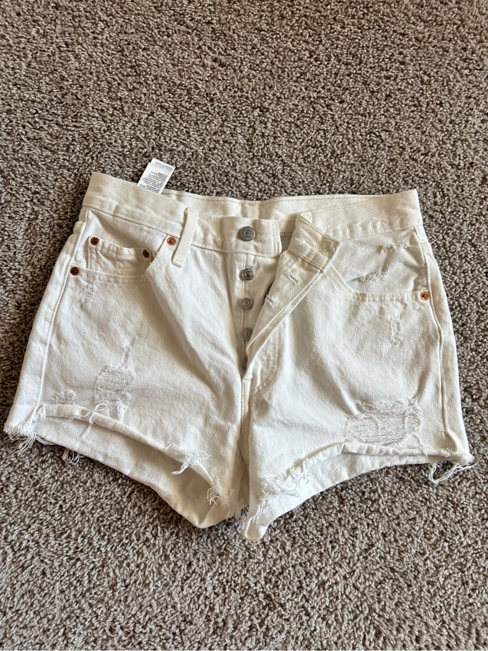 Levi’s 501 White Distressed High Waisted Button Up Shorts Size 29